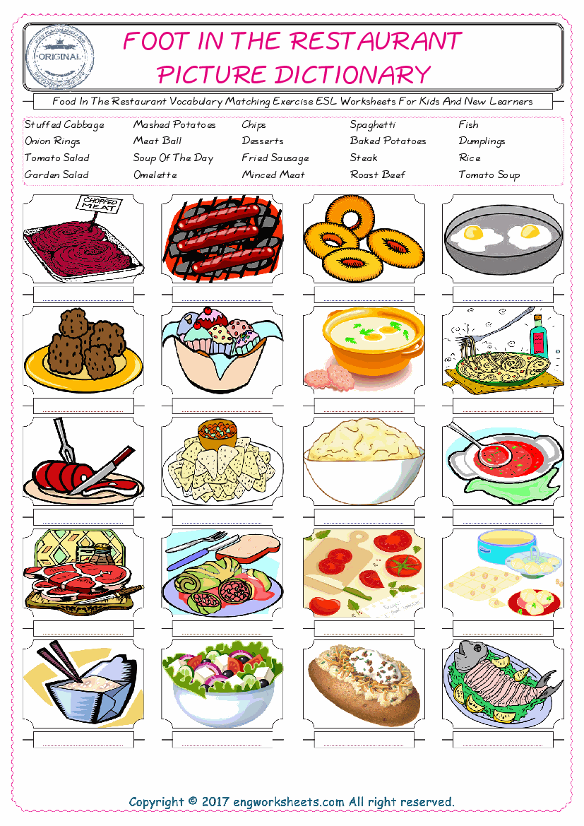  Food In The Restaurant for Kids ESL Word Matching English Exercise Worksheet. 